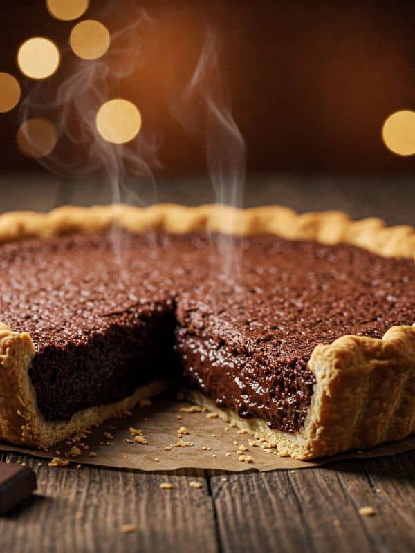 closeup with a steaming Tarta de Chocolate