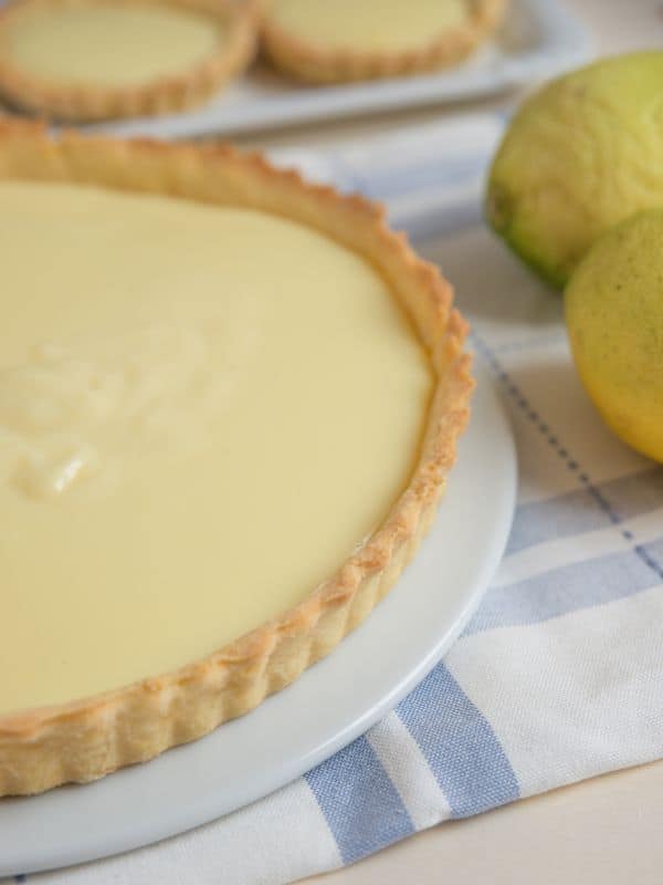 Tarta de Lim&oacute;n on a plate with 2 lemons next to it
