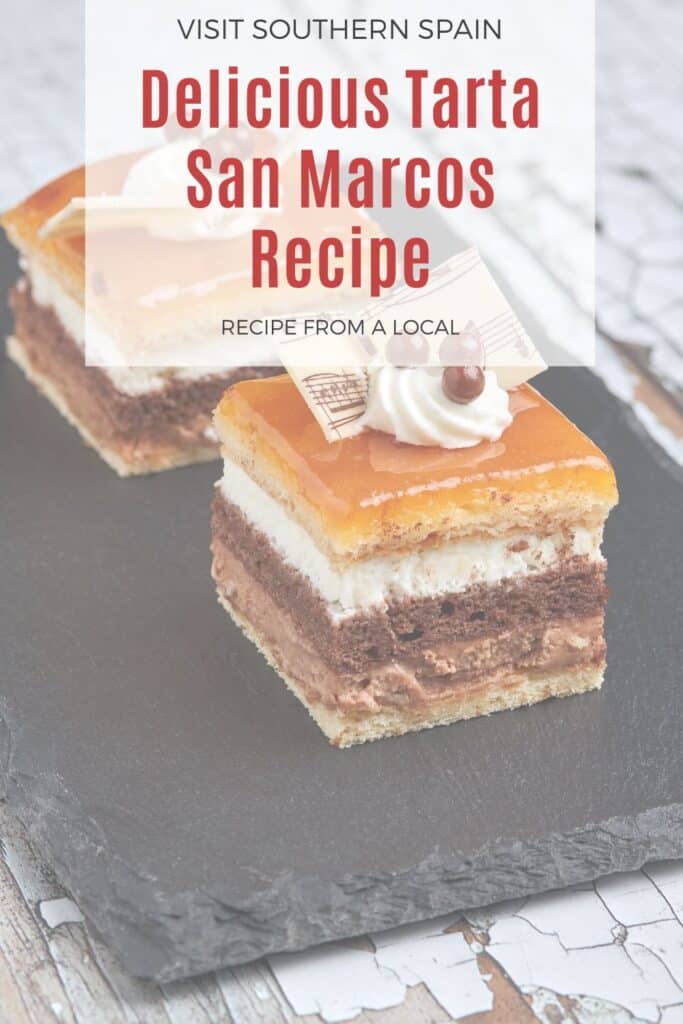 a pin with 2 slices of tarta san marcos on a black plate