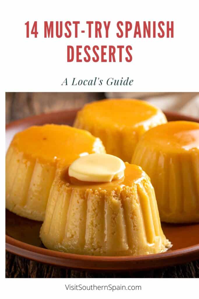 a pin with Spanish flan on a plate, one of the Must-Try Spanish Desserts