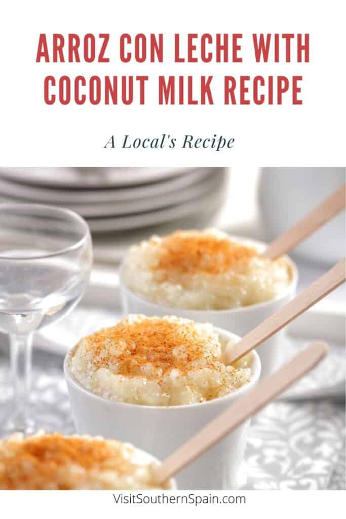 a pin with arroz con leche with coconut milk in 2 bowls