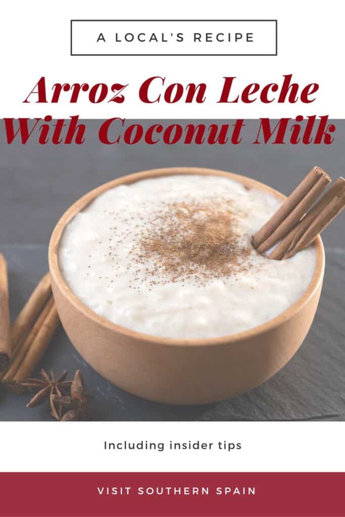 a pin with a bowl of arroz con leche with coconut milk