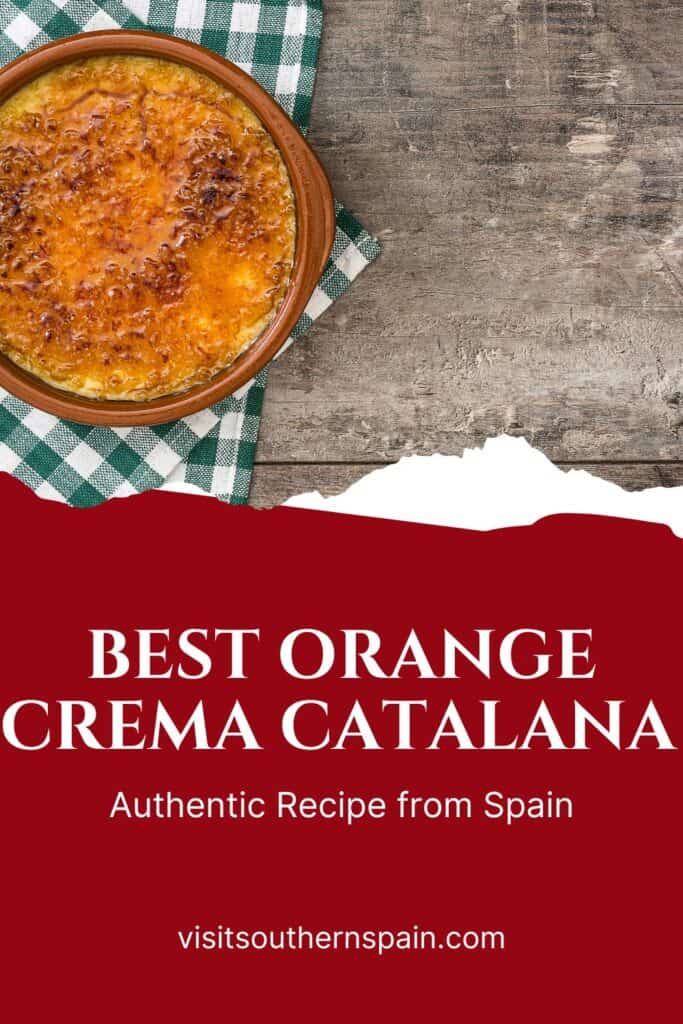 a pin with a bowl of Orange Crema Catalana on a wooden table