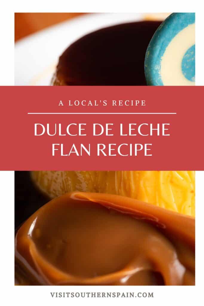 a pin with a closeup of a dulce de leche flan