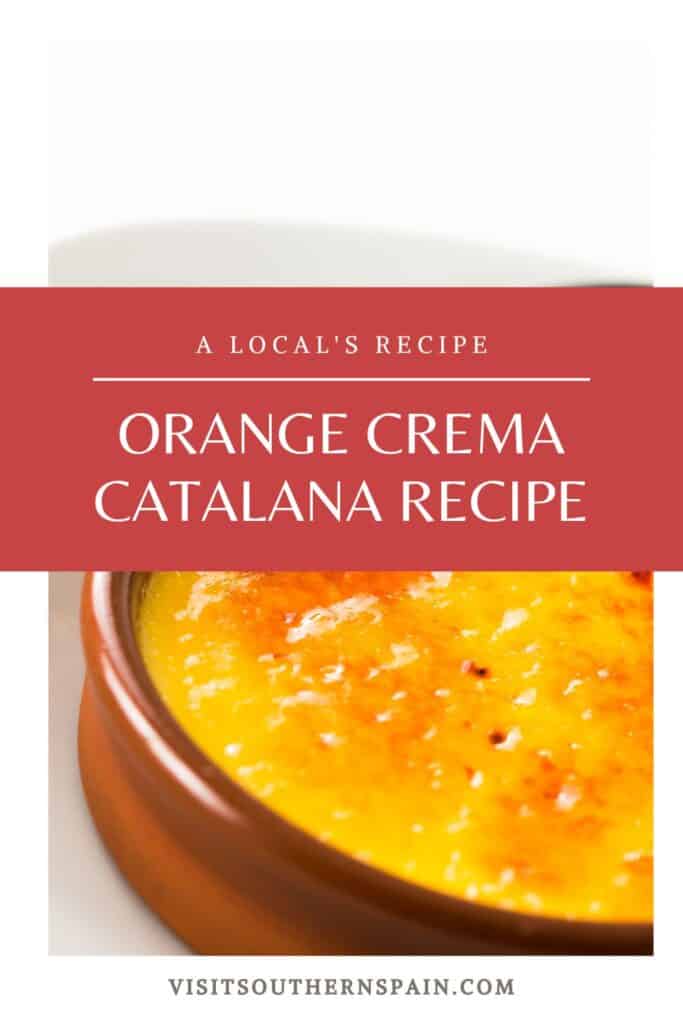 a pin with Orange Crema Catalana in a clay bowl
