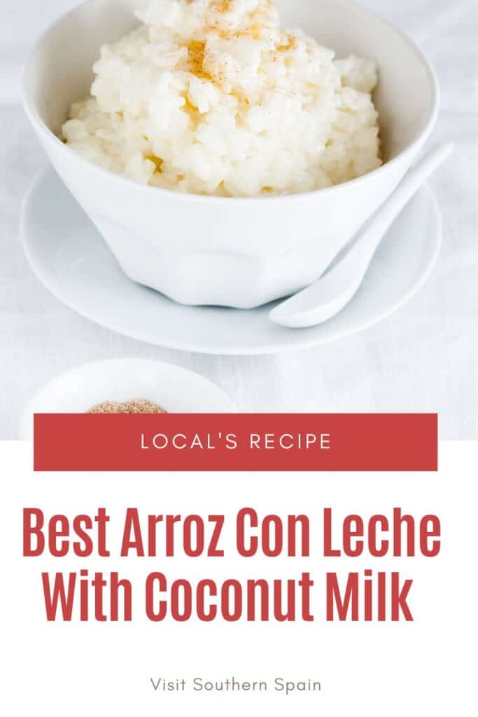a pin with arroz con leche with coconut milk served in a bowl