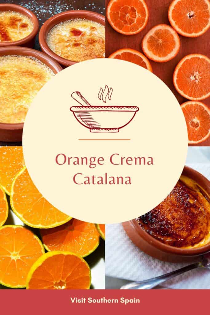 a pin with a photo collage related to Orange Crema Catalana