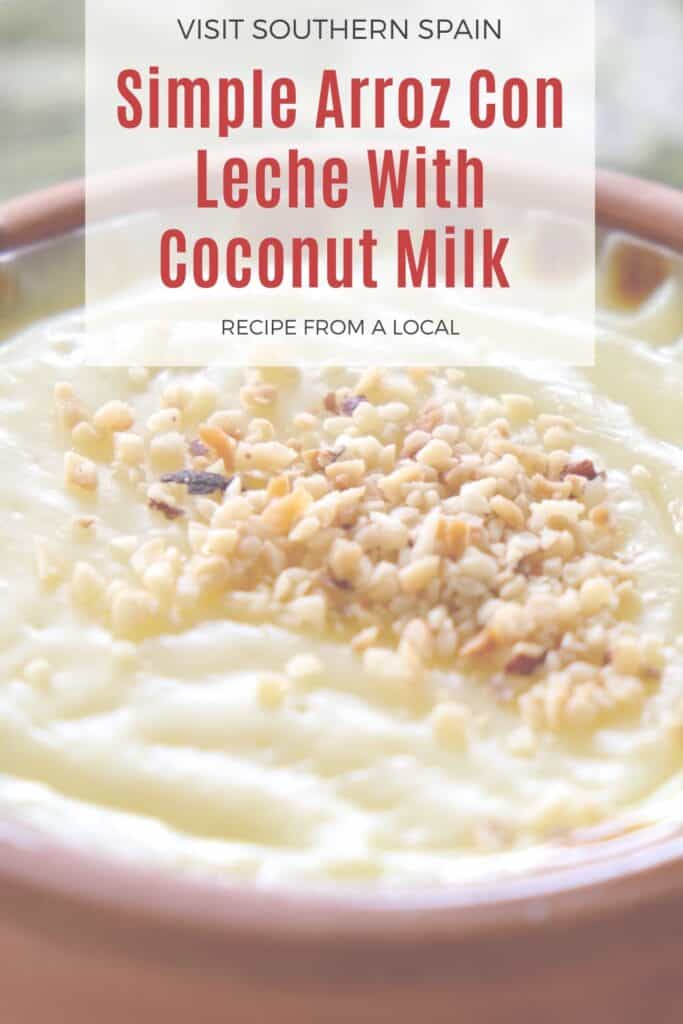 a pin with a closeup of arroz con leche with coconut milk