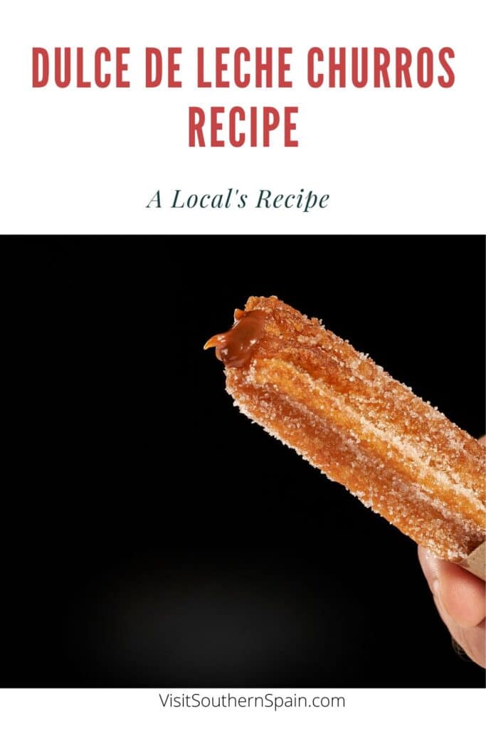 a pin with a Dulce de leche churros help in hand