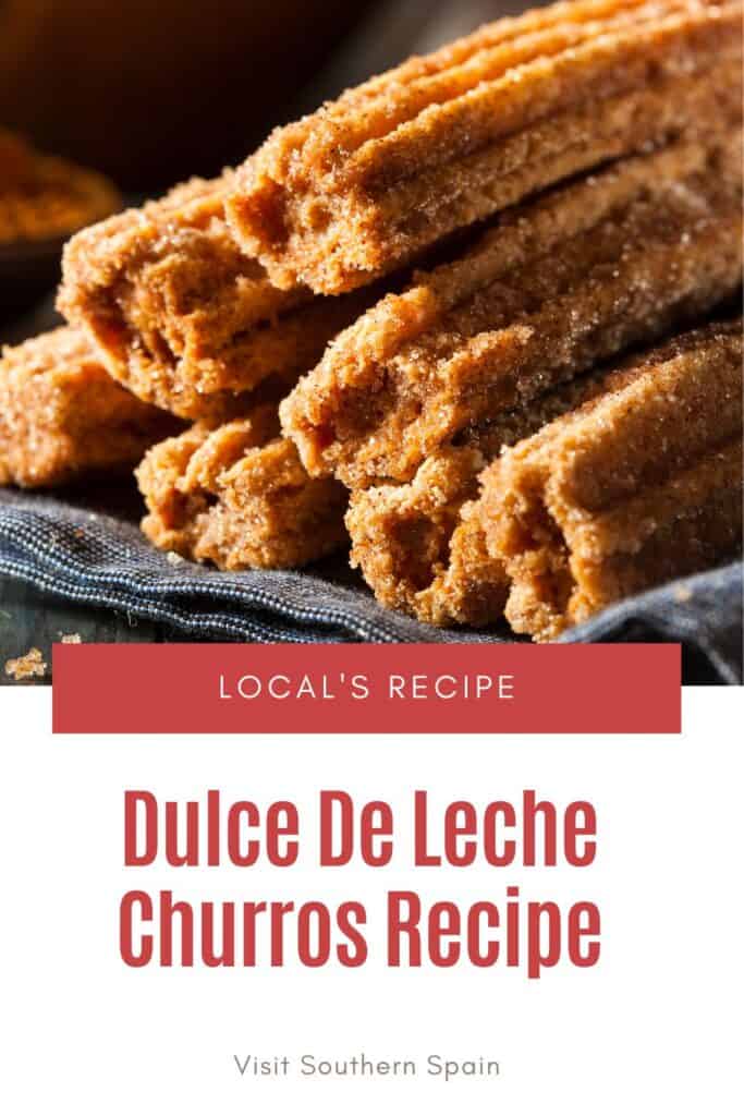 a pin with Dulce de leche churros on a plate