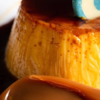 closeup with dulce de leche flan