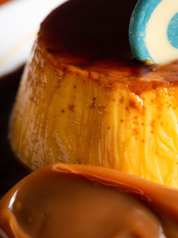 closeup with dulce de leche flan