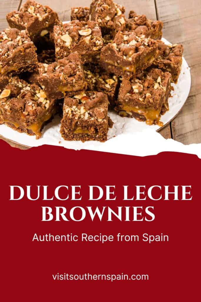 a pin with slices of Dulce de Leche Brownies on a plate