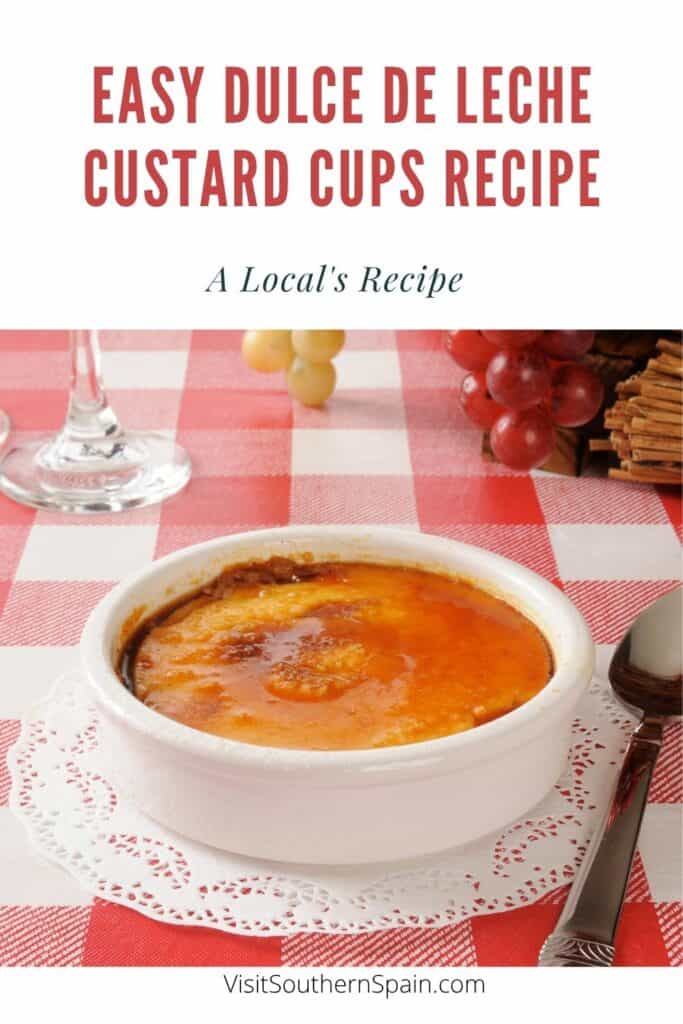 a pin with Dulce de Leche Custard Cups in a ceramic ramekin