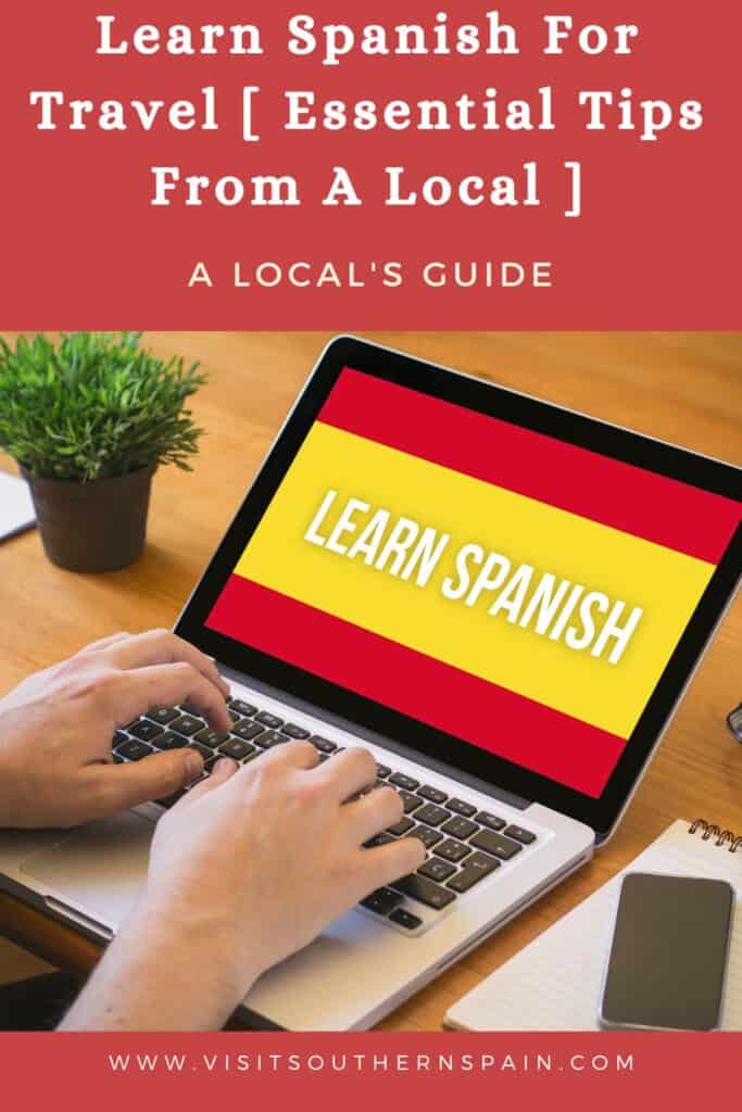 a pin with a screen of a laptop that says learn Spanish for travel