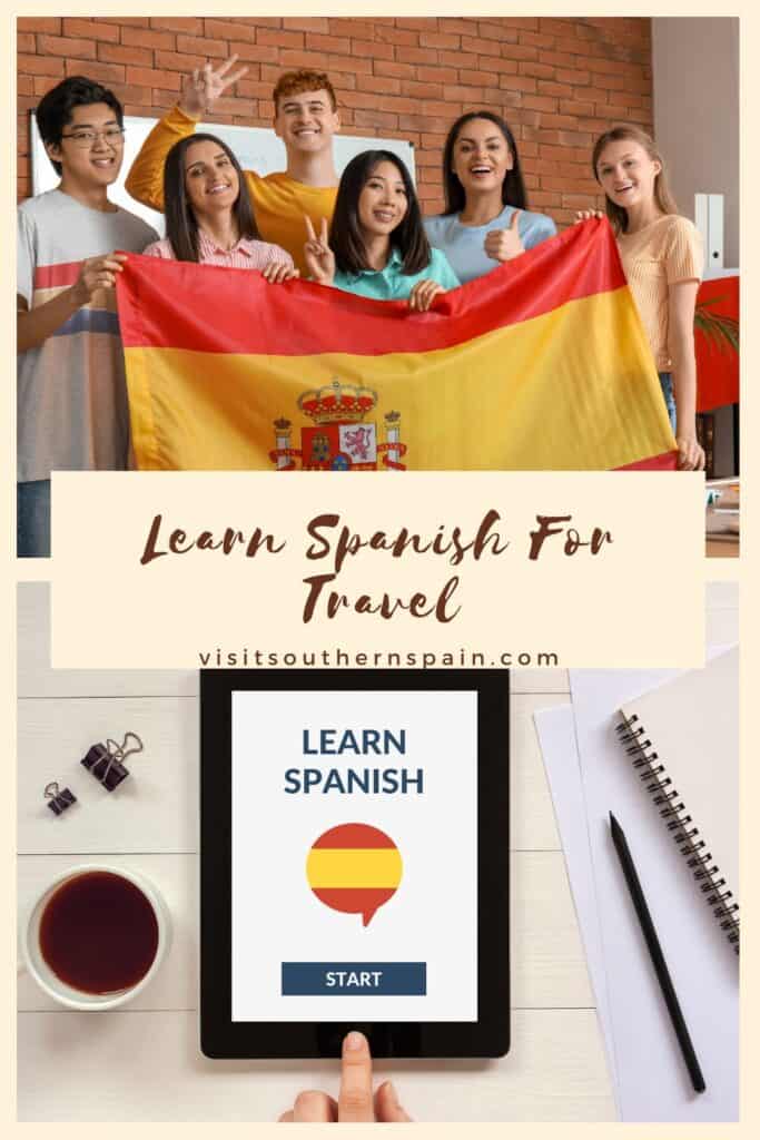 a pin with a photo collage related to learn Spanish for travel