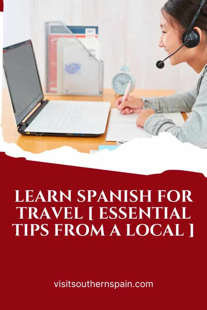 a pin with a girl in front of a laptop ready to learn Spanish for travel