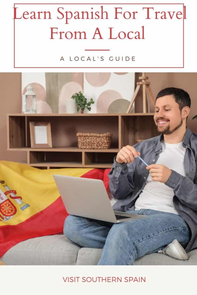 a pin with a man sitting on a coach with his laptop in front to learn Spanish for travel
